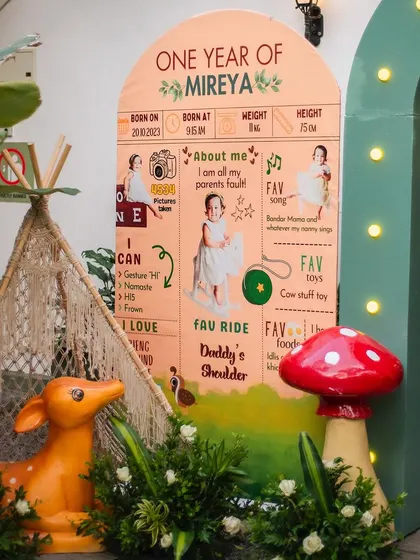 This personalized milestone board for Mireya's first birthday is full of adorable facts and photos. It's a heartwarming detail that guests love to read.