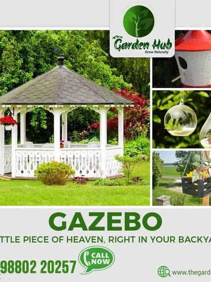 A gazebo is a little piece of heaven in your backyard. This collage shows a classic white gazebo along with other garden accessories we provide.
