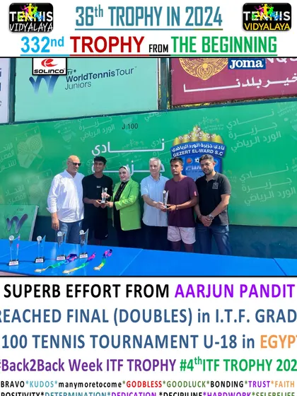 Another ITF final. Aarjun reached the doubles final at the J100 tournament in Egypt, proving his ability to compete and win on the international stage.
