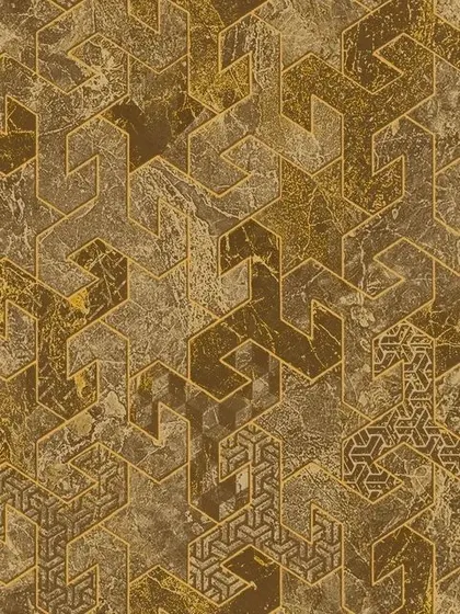 A brown and gold version of the interlocking geometric wallpaper, offering a warm, earthy feel.