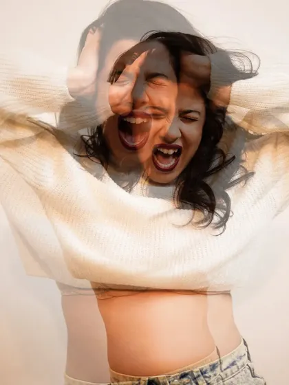 A double exposure edit from the same series. This technique adds a layer of psychological depth, visualizing the inner turmoil and chaos of the scream.