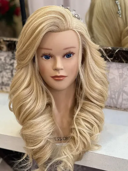 A close-up of the finished curls with a front variation, showing the soft and flattering shape around the face.