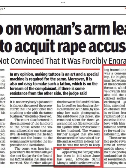 The Times of India article provides details on the rape case acquittal. The court was not convinced the tattoo was forcibly engraved, and I successfully argued that it pointed towards a consensual relationship, leading to my client's release.