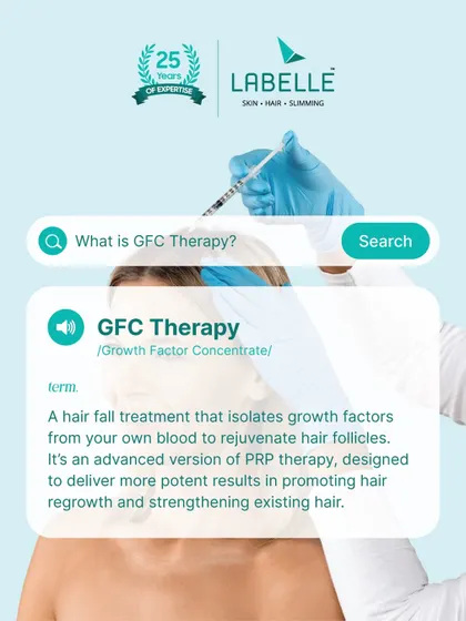 This graphic explains what GFC (Growth Factor Concentrate) Therapy is. It's an advanced, more potent version of PRP that isolates growth factors from your blood to rejuvenate hair follicles, delivering powerful results for hair regrowth and strengthening.
