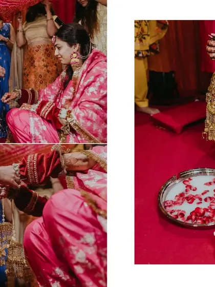 A collage showing the Kalire ritual, where the bride shakes her bangles over her friends' heads. It's a fun and meaningful part of Punjabi weddings.