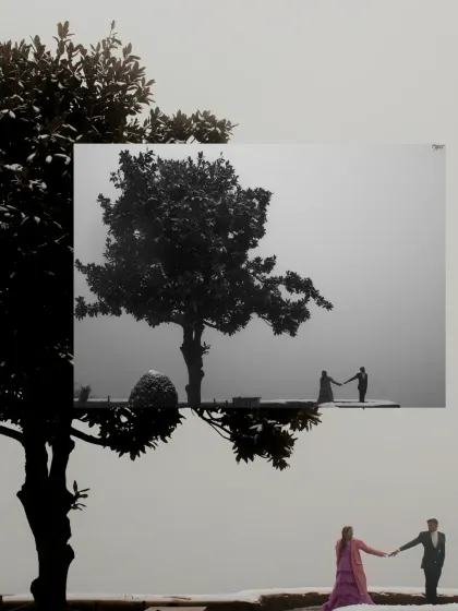 An artistic and minimalist composition from Nikul and Sejal's Kashmir shoot. The image plays with silhouettes and color accents, creating a unique and visually intriguing piece of art.