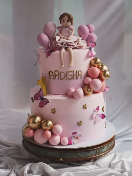 A lovely two-tier pink cake for a baby girl's first birthday. It's decorated with a doll topper, pink and gold balloons, and delicate butterflies for a whimsical party.