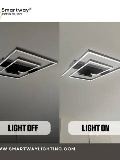 A geometric ceiling light with interlocking squares, shown here both off and on. It's a great example of a light that looks beautiful in any state.