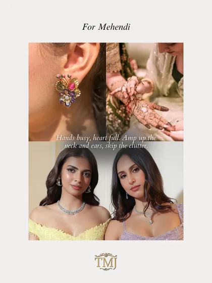 For the Mehendi ceremony, your hands are busy, so the focus is on the neck and ears. Statement earrings and simple chokers allow you to celebrate without clutter.