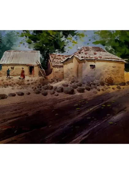 A watercolour landscape of a rustic village scene, exhibited at the Ravi Paranjape Foundation. I love painting the textures of mud houses and the surrounding nature.