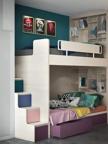 A modern bunk bed with colorful storage stairs and a sleek design.