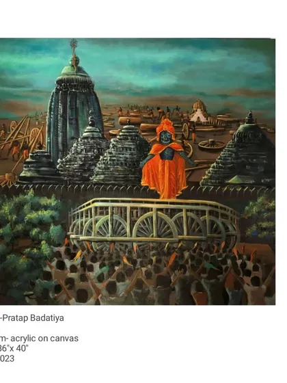 Titled 'I,' this 36 by 40-inch acrylic painting depicts a deity-like figure overlooking a vast crowd and temple complex. The work delves into themes of faith, collective consciousness, and the individual's place within a grand spiritual tradition.