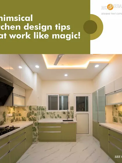 This whimsical kitchen design uses a playful leaf-patterned backsplash to add a touch of nature and fun. The light green and white cabinets keep the space feeling fresh and modern.