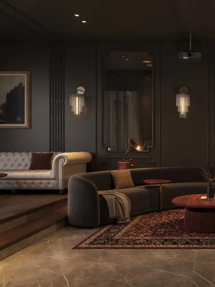 We designed this entertainment lounge for mood and intimacy. Wrapped in near-black walls and layered with deep red and wood tones, the space feels immersive and luxurious, perfect for movie nights or quiet conversations.