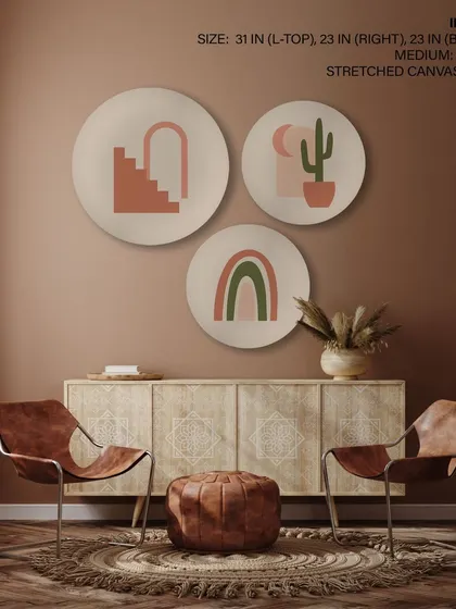 This set of three circular prints combines bohemian aesthetics with abstract shapes. Featuring a rainbow, cactus, and architectural stairs in earthy tones, it creates a playful yet stylish vibe on a stretched canvas.