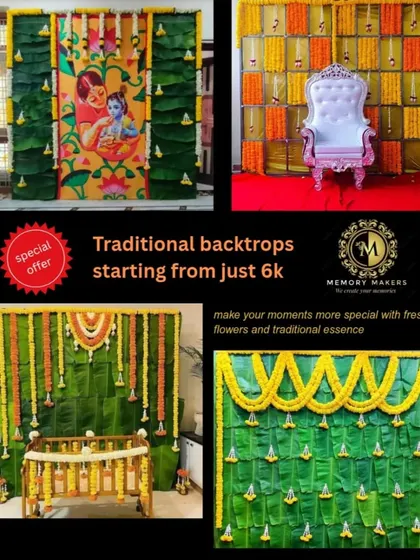 This collage shows the variety of traditional backdrops we can create. From designs using banana leaves and marigolds to backdrops with deity paintings, we offer many options to suit your ceremony.