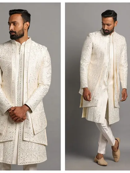 A white layered sherwani with mirror work. This pre-loved outfit is a masterpiece of craftsmanship, offering a dazzling look for your big day.
