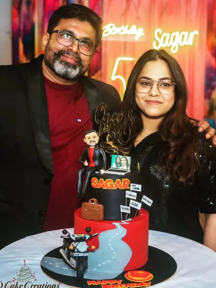 Here I am with the birthday boy, Sagar, celebrating his 50th. His cake was themed around his passion for biking, featuring his travel destinations and an edible motorcycle.