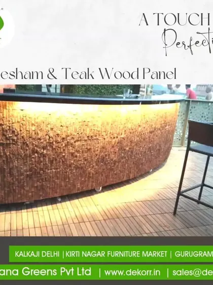 A touch of perfection for a commercial space. We used our handmade Sheesham and Teak wood panels to wrap this bar counter, giving it a rustic, high-end texture that is both unique and inviting.