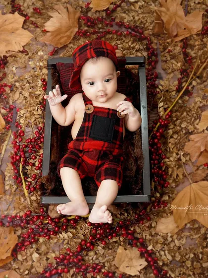 An autumn-themed flat lay for a three-month-old. Dressed in plaid overalls, this little one is surrounded by fall leaves and berries, creating a warm and rustic portrait.