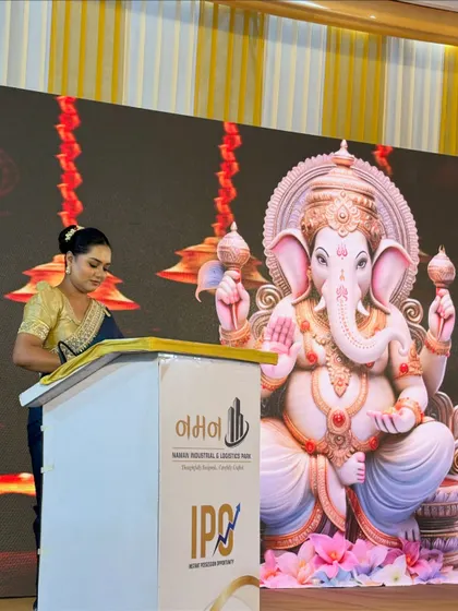 A moment of prayer at the Naman Industrial Park launch, with Lord Ganesha gracing the stage. It's important to honor cultural traditions in milestone celebrations.