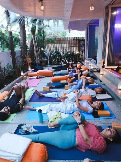 Another perspective of our yoga day, with students relaxing in Savasana. The mix of indoor and outdoor practice is a unique part of the Tangerine experience.