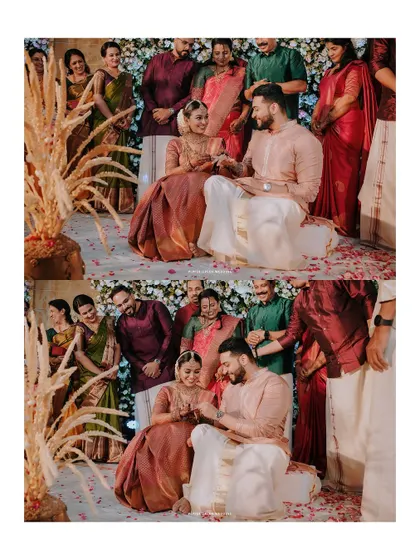 A collage of Arya and Vishnu's engagement ceremony, showing the exchange of rings surrounded by family. These images highlight the joy and tradition of the event.