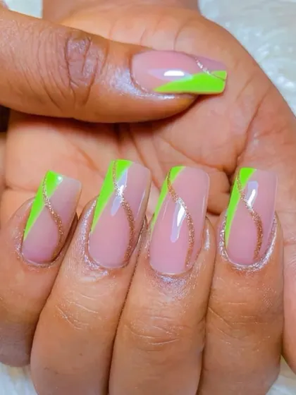 A modern design with a nude base, neon green color blocks, and a delicate, wavy line of rose gold glitter.