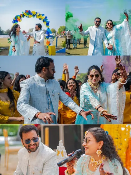 This collage showcases the energy of Palash and Palak's Haldi. From their entrance with colored smoke to dancing with guests, it’s a perfect summary of their dhoom-dhaam celebration.