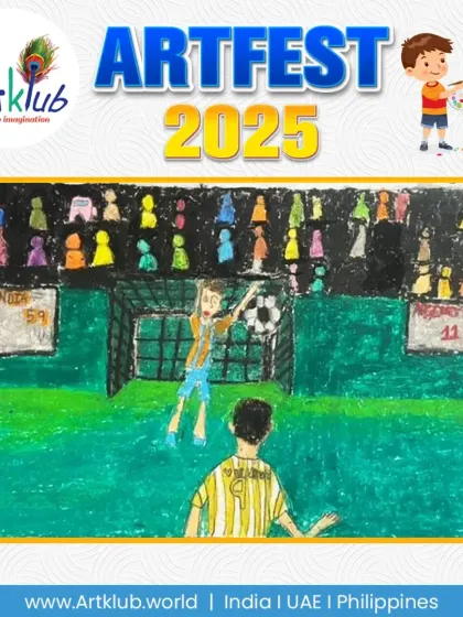 A football match with a packed stadium, as imagined by a junior artist. The drawing includes a scoreboard and detailed players, showing a great sense of action.