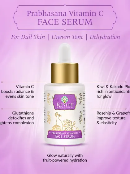 For dull skin and uneven tone, my Prabhasana Vitamin C Face Serum is the answer. It boosts radiance with Vitamin C, detoxifies with Glutathione, and hydrates with fruit-powered extracts like Kiwi and Kakadu Plum.