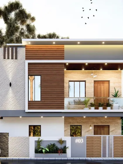 An exterior design for a client's home, featuring a clean composition of white, grey, and wood tones. The first-floor balcony with its glass railing creates an open and inviting feel.