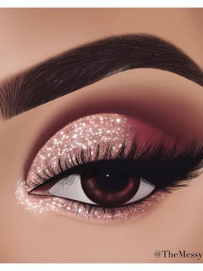 A digital painting practice focused on a glittery eye makeup look. This was a fun study in rendering different textures, from the soft skin to the sparkling glitter and fine eyelashes.