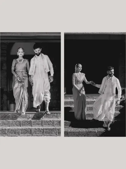 A black and white diptych of the couple making their entrance, capturing both a formal and a candid, joyful moment.