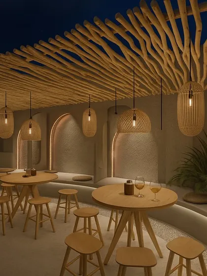 This night view of the 6th Empirica concept highlights the seating arrangement along a curved, built-in bench, with arched nooks and warm, indirect lighting creating a cozy and intimate setting.