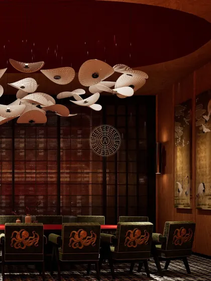 A detail shot from our renders, focusing on the custom-designed chairs with octopus embroidery, adding a whimsical yet luxurious touch to the private dining suite.