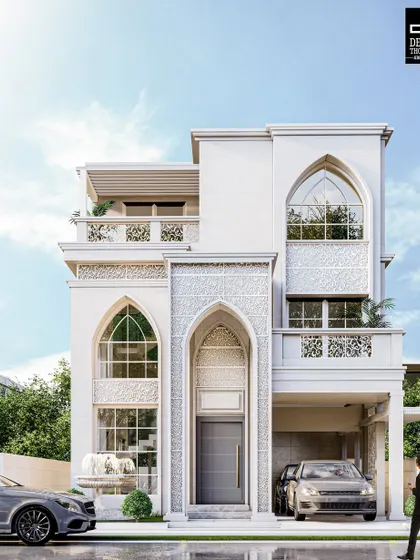 Our Islamic-style residence design, featuring grand arches and intricate mashrabiya patterns. We craft facades that are not only beautiful but also culturally significant.