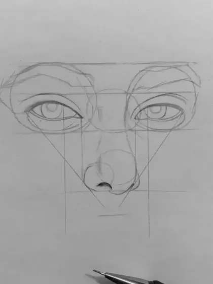 Step 4: I add the structure for the nose and begin to map out the triangular relationship between the eyes and the tip of the nose, a key step in realistic portraiture.