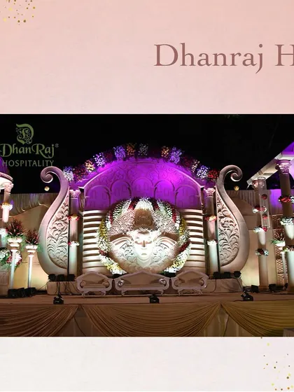 A unique and majestic stage setup for an outdoor event. We blend creative structures with dramatic lighting to create a captivating backdrop for your celebration.