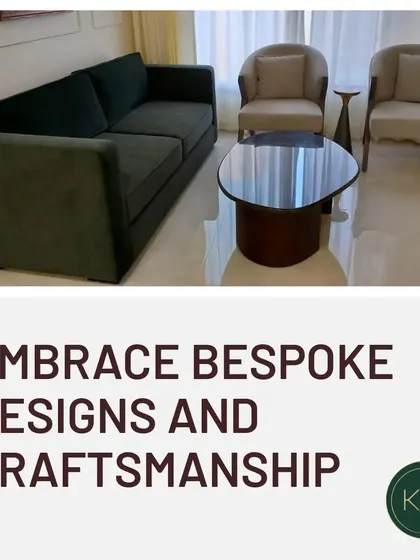 A complete seating arrangement we delivered, including a dark green sofa, two neutral armchairs, and a uniquely shaped coffee table. This shows our approach to creating balanced and functional living spaces.