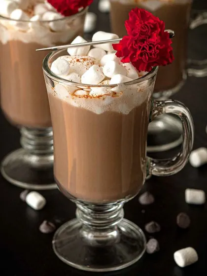 A comforting mug of hot chocolate topped with marshmallows, perfect for a cozy evening.