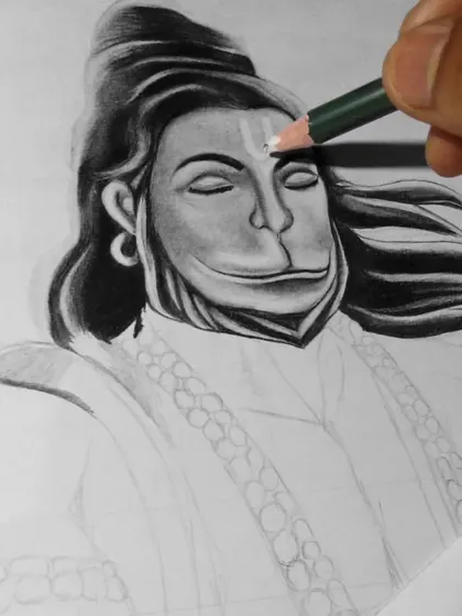A close-up of the initial shading on Lord Hanuman's face. This shows how I begin to build depth and form before adding the finer details.