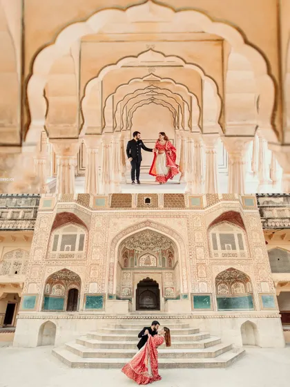 A pre-wedding shoot is the perfect start to your wedding story. We took this couple to Amer Fort in Jaipur, using the royal architecture to create a series of epic and romantic portraits that feel like they're straight out of a history book.
