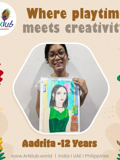 Aadrita, age 12, shows us where playtime meets creativity with her skillfully drawn self-portrait.