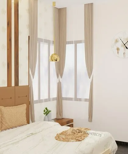 A duplicate of ID 56, this view focuses on the corner window and the simple, elegant headboard design. The use of light curtains and a single pendant light adds to the room's serene feel.