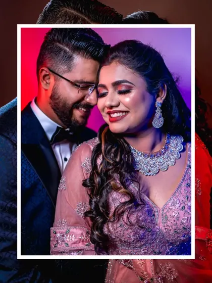 A modern, artistic portrait of the couple from their reception, using a frame-in-frame composition for a stylish look.