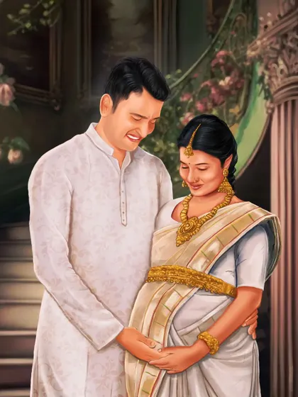 A tender moment captured in a realistic digital painting. This Valaikappu (baby shower) portrait was a special gift, celebrating the couple's journey into parenthood.