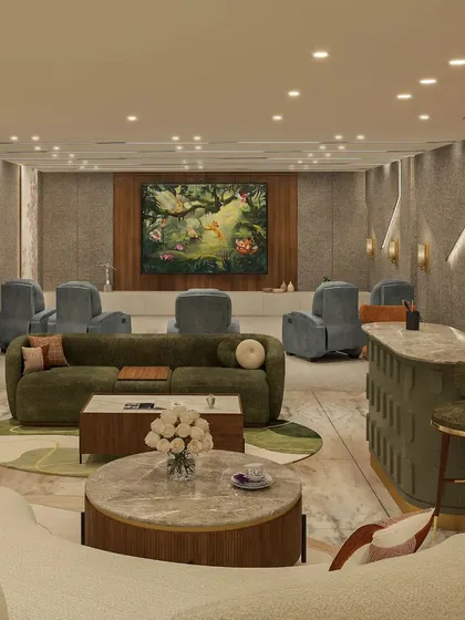 Another angle of the multi-functional basement, highlighting the comfortable seating and the seamless flow between the different zones.