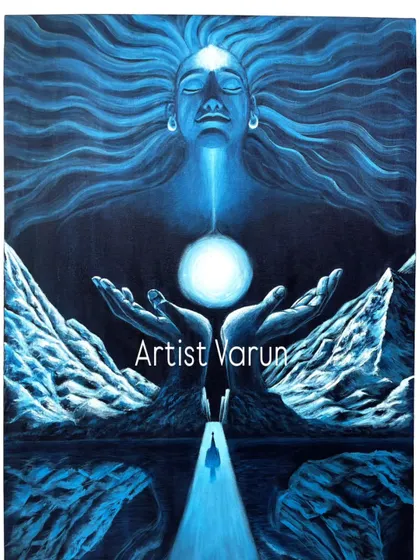 "The Awakening" by artist Varun is a powerful acrylic painting that explores themes of spiritual emergence and enlightenment. The cool blue tones and celestial imagery create a mystical and contemplative mood.