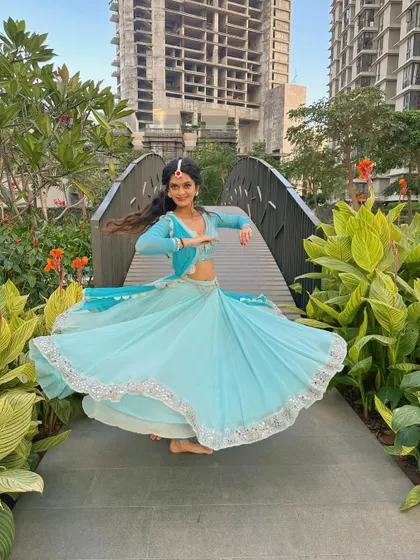 A moment of stillness and grace. This light blue lehenga felt perfect for a day of shooting expressive semiclassical dance content.